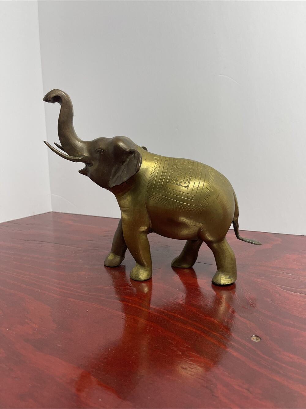 Vintage Elephant Sculpture Statue Engraved Brass 8.5”x11”x4” Raised Trunk